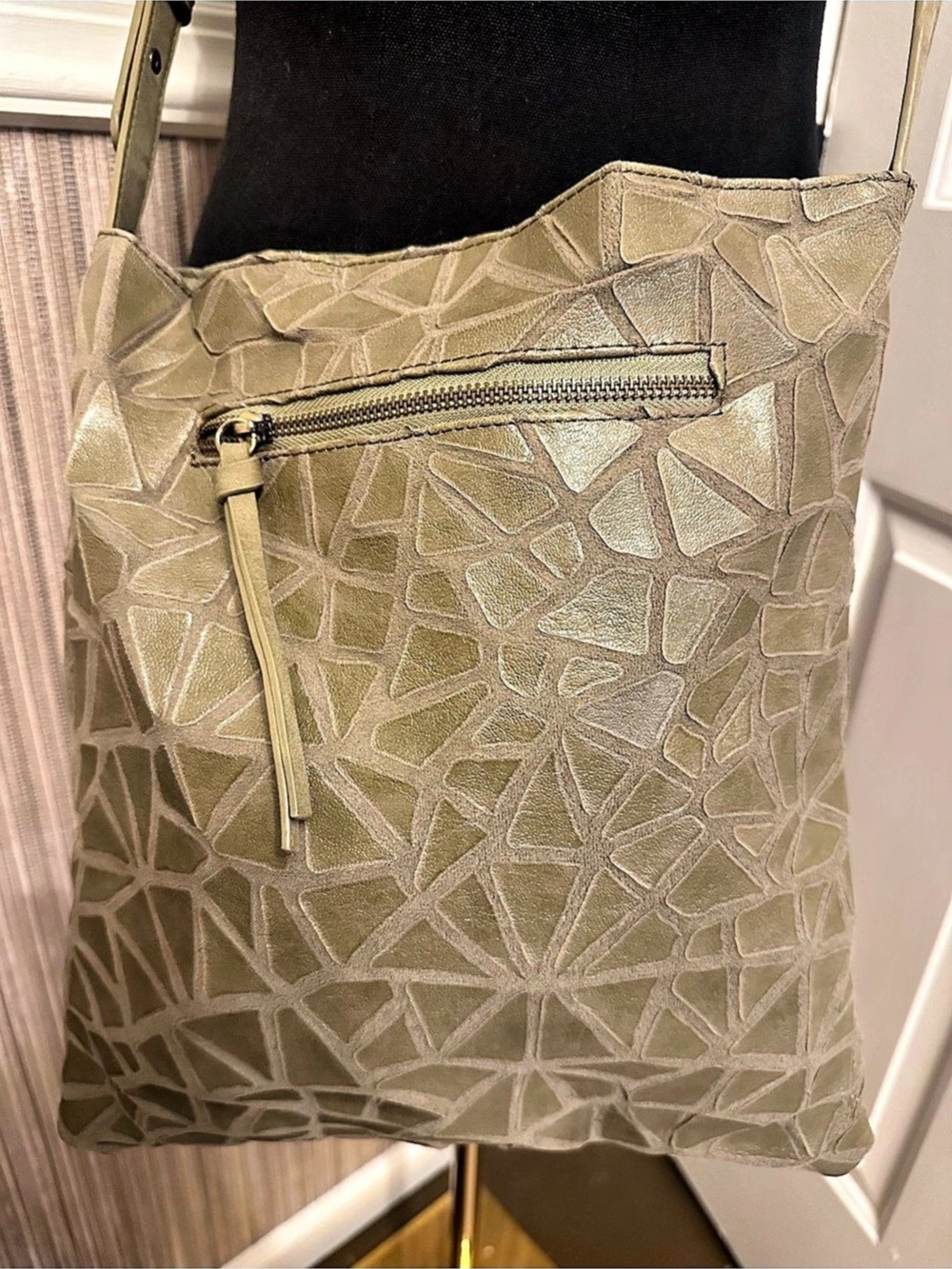 Joy Susan Metallic Olive Green Geometric Mosaic Crossbody Bag